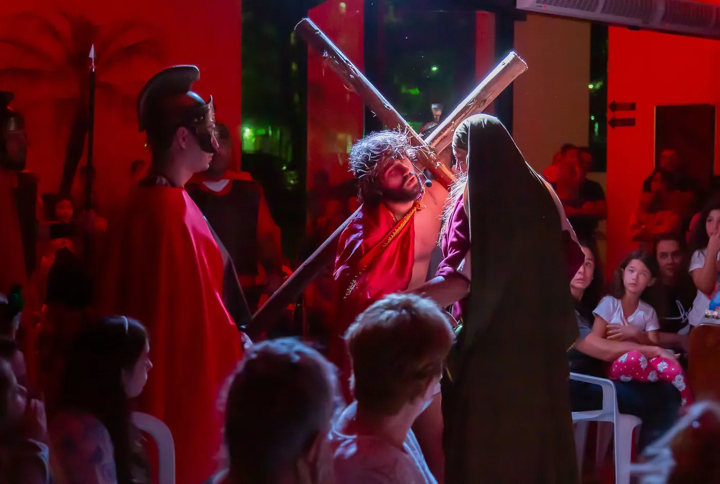 Christ meeting his mother on the way to Calvary, warm red light