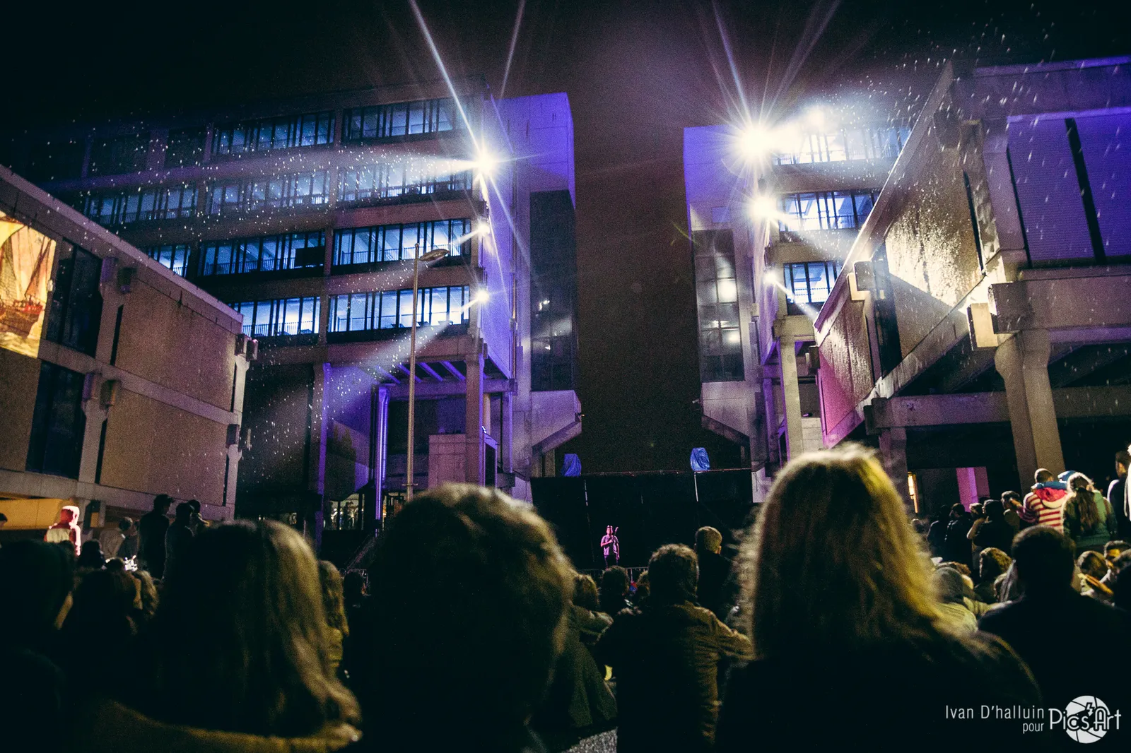 Le Spectacle des Lumières — the crowd before buildings washed in violet light, spotlights flaring